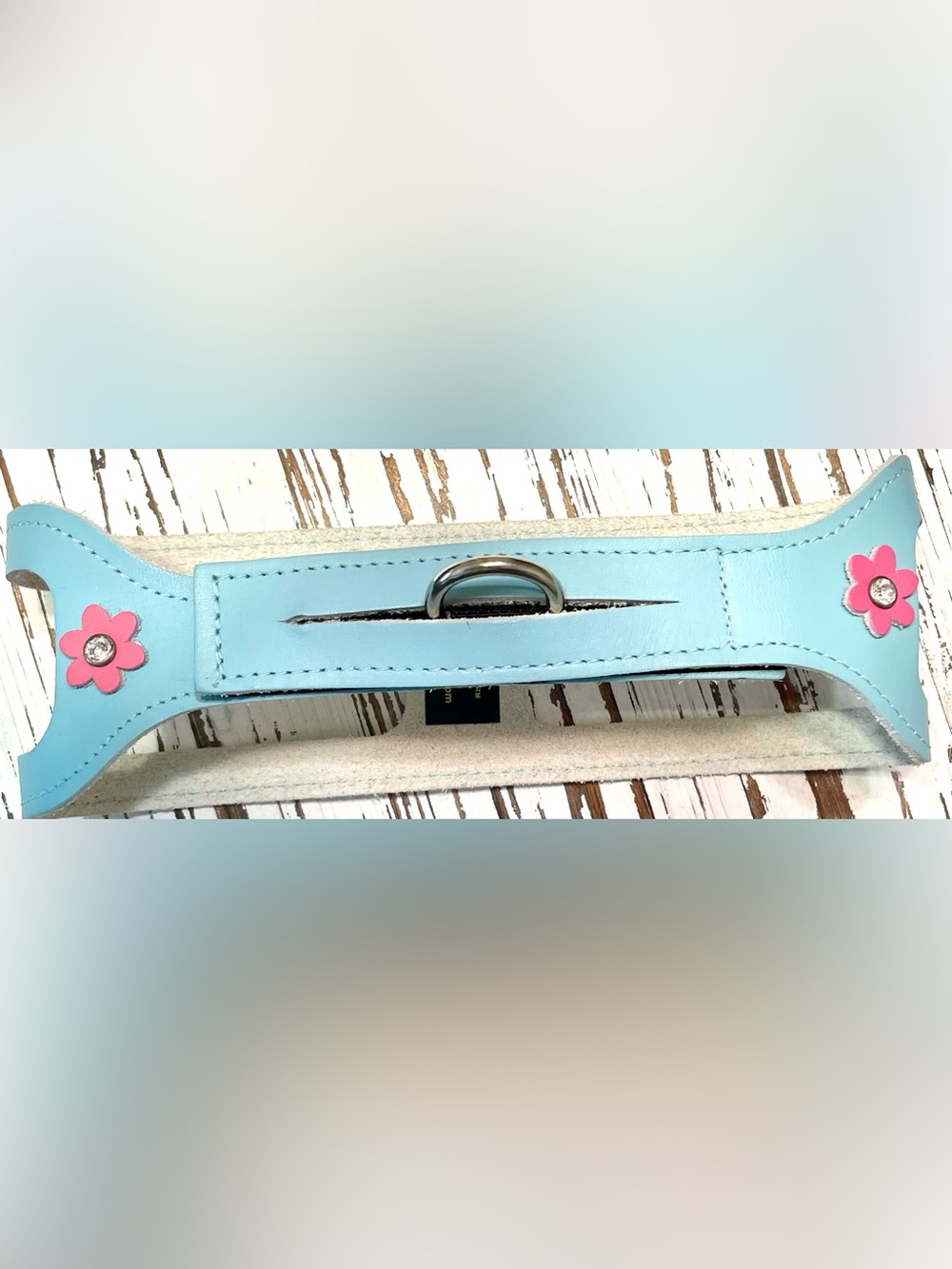 Light Blue Leather step-in Choke Free Harness embellished with Pink Flowers 19”